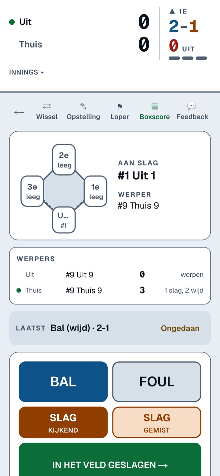 BBS tijdens een wedstrijd, met het honkbalveld, de telling en knoppen voor bal, foul en slag