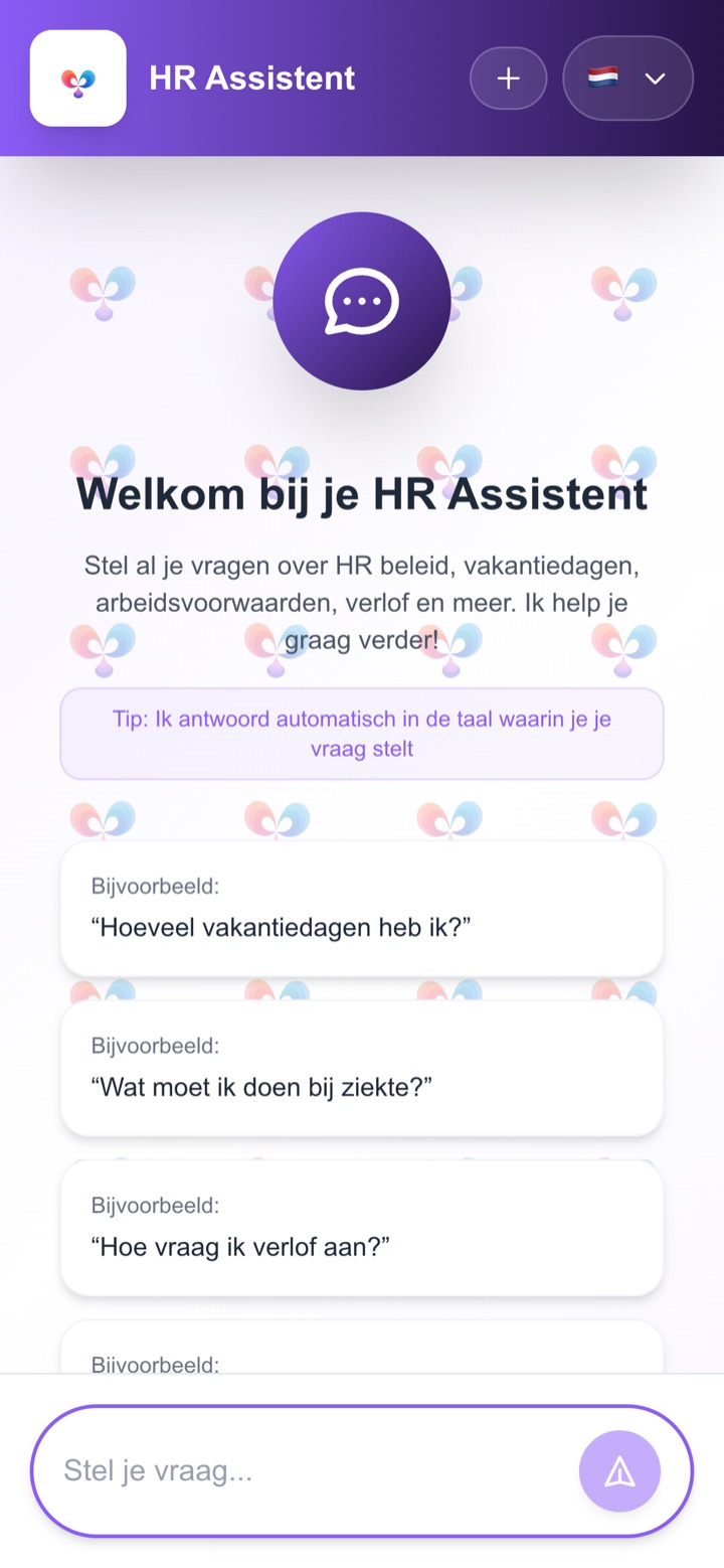 De HR Assistent op een telefoon, met voorbeeldvragen over vakantiedagen en ziekte