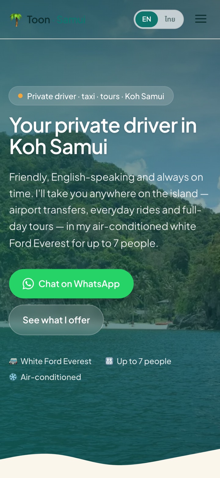 Website van Toon Samui Tours op een telefoon