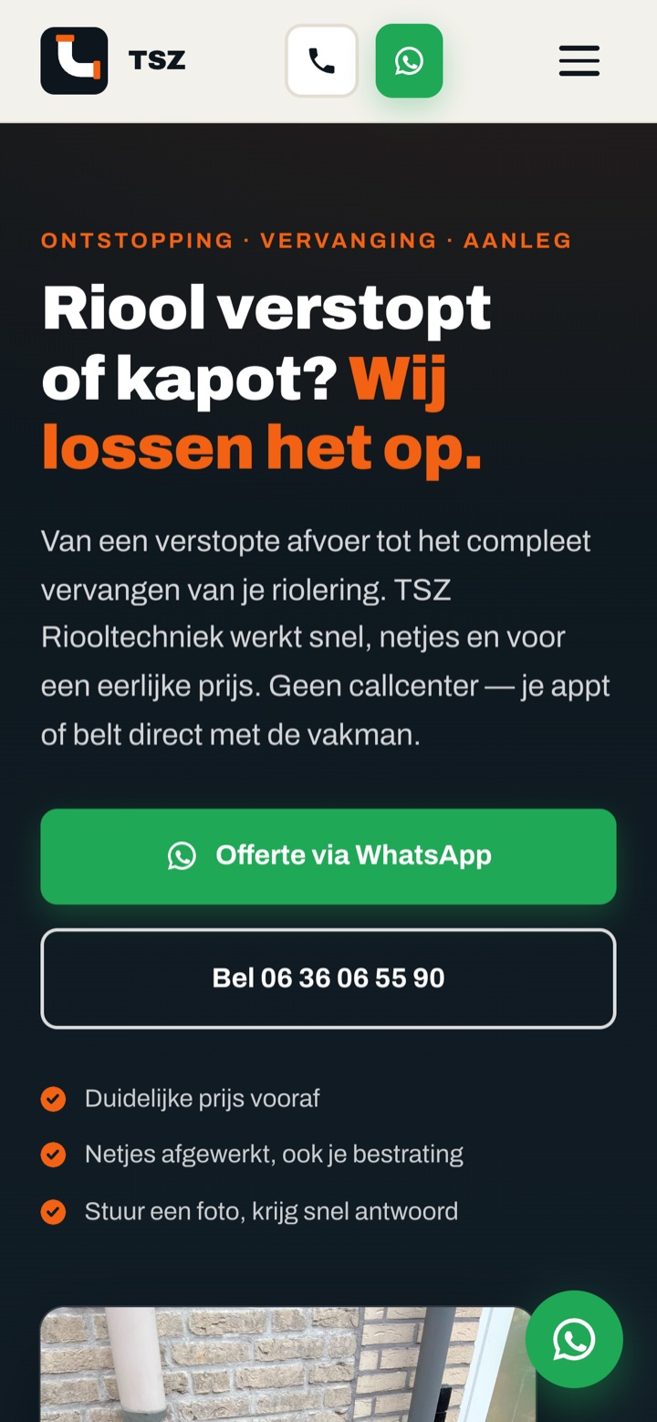 Website van TSZ Riooltechniek op een telefoon